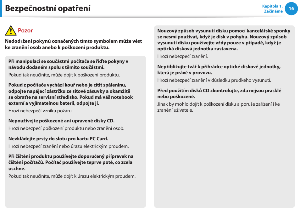 Bezpečnostní opatření, Pozor | Samsung NP530U4BH User Manual | Page 17 / 154