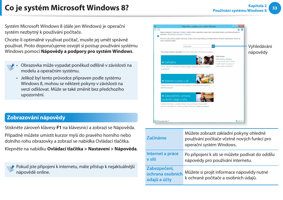 Co je systém microsoft windows 8, Zobrazování nápovědy | Samsung NP530U4BH User Manual | Page 34 / 154