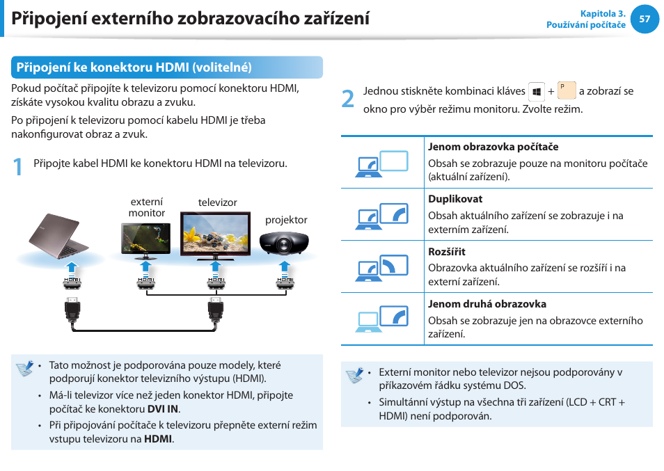 Připojení externího zobrazovacího zařízení, Připojení ke konektoru hdmi (volitelné) | Samsung NP530U4BH User Manual | Page 58 / 154