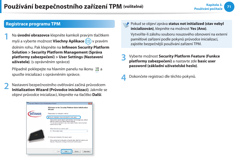 Používání bezpečnostního zařízení tpm | Samsung NP530U4BH User Manual | Page 72 / 154