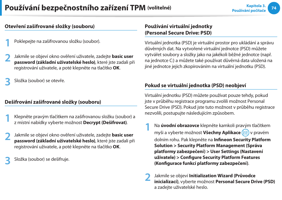 Používání bezpečnostního zařízení tpm | Samsung NP530U4BH User Manual | Page 75 / 154