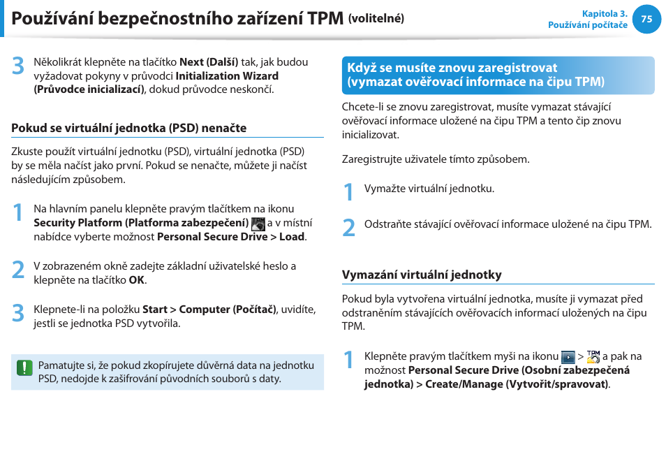 Používání bezpečnostního zařízení tpm | Samsung NP530U4BH User Manual | Page 76 / 154