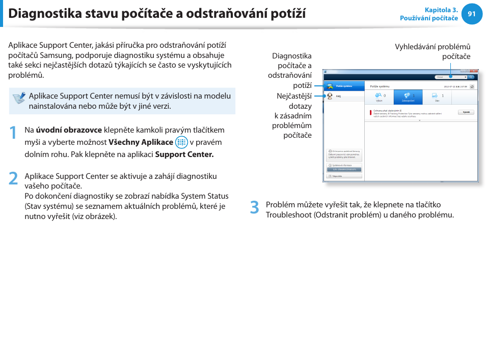 Diagnostika stavu počítače a odstraňování potíží | Samsung NP530U4BH User Manual | Page 92 / 154