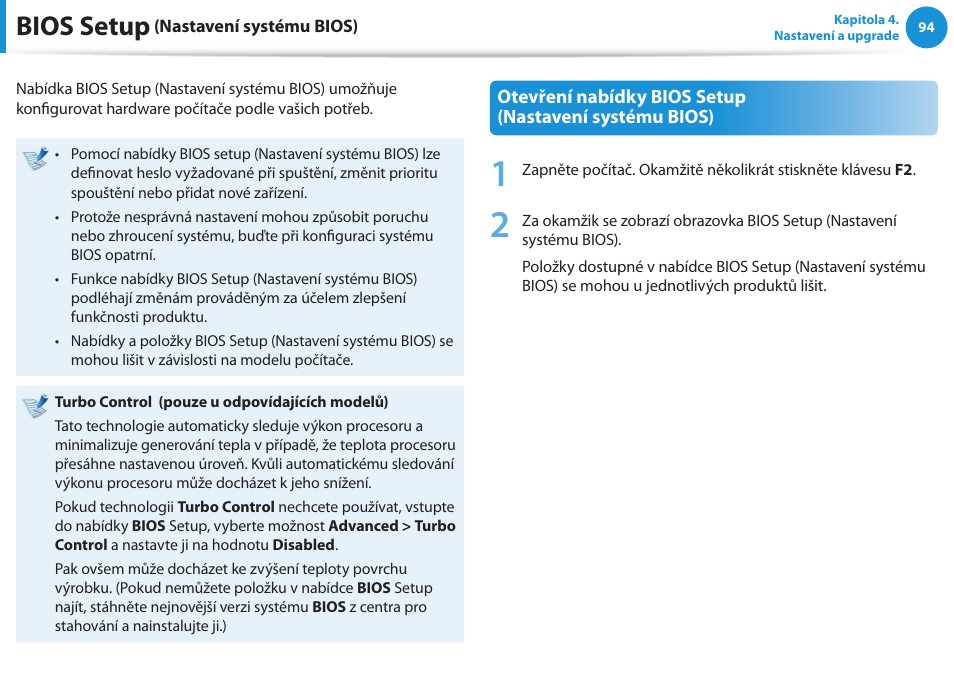 Bios setup (nastavení systému bios), Bios setup | Samsung NP530U4BH User Manual | Page 95 / 154
