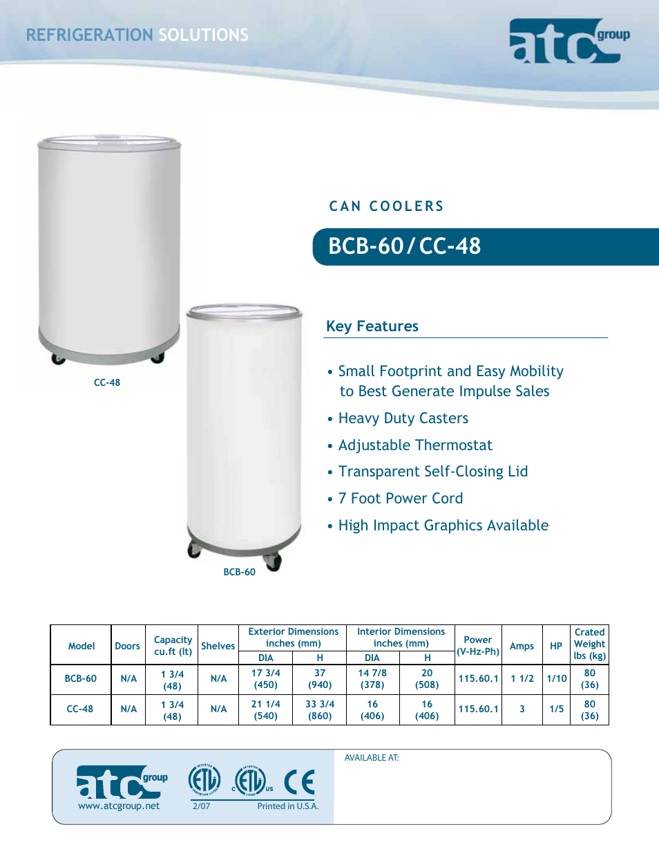 ATC Group Can Coolers BCB-60 User Manual | 2 pages