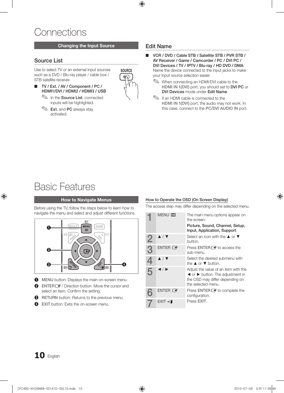 Connections basic features, Source list, Edit name | Samsung PS50C490B3W User Manual | Page 10 / 422