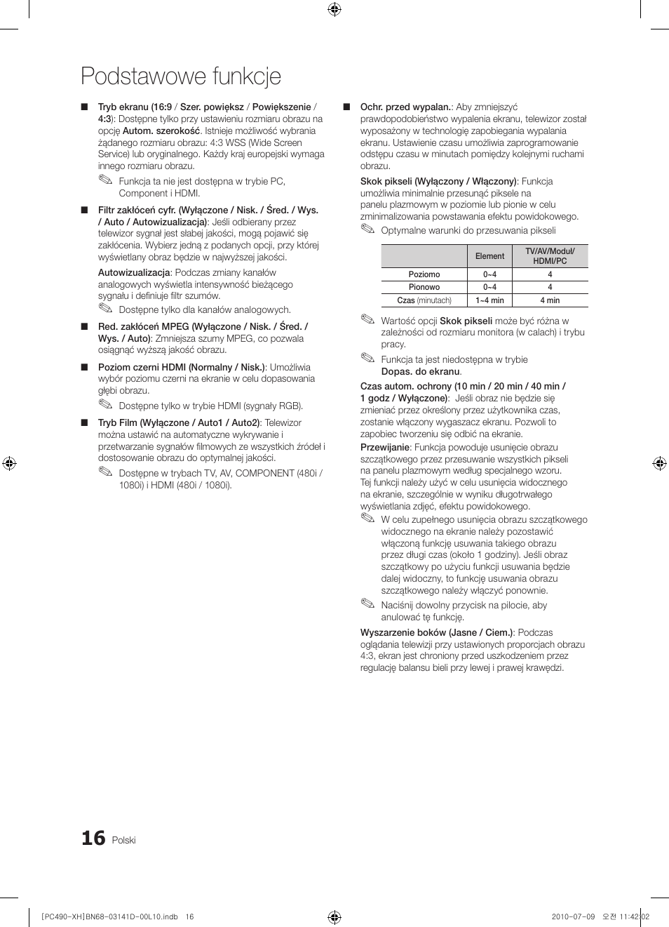 Podstawowe funkcje | Samsung PS50C490B3W User Manual | Page 100 / 422