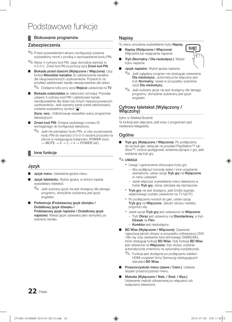 Podstawowe funkcje, Zabezpieczenia, Język | Napisy, Cyfrowy teletekst (wyłączony / włączony), Ogólne | Samsung PS50C490B3W User Manual | Page 106 / 422