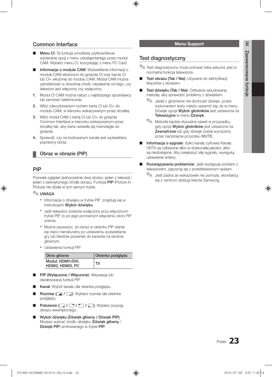 Common interface, Test diagnostyczny | Samsung PS50C490B3W User Manual | Page 107 / 422
