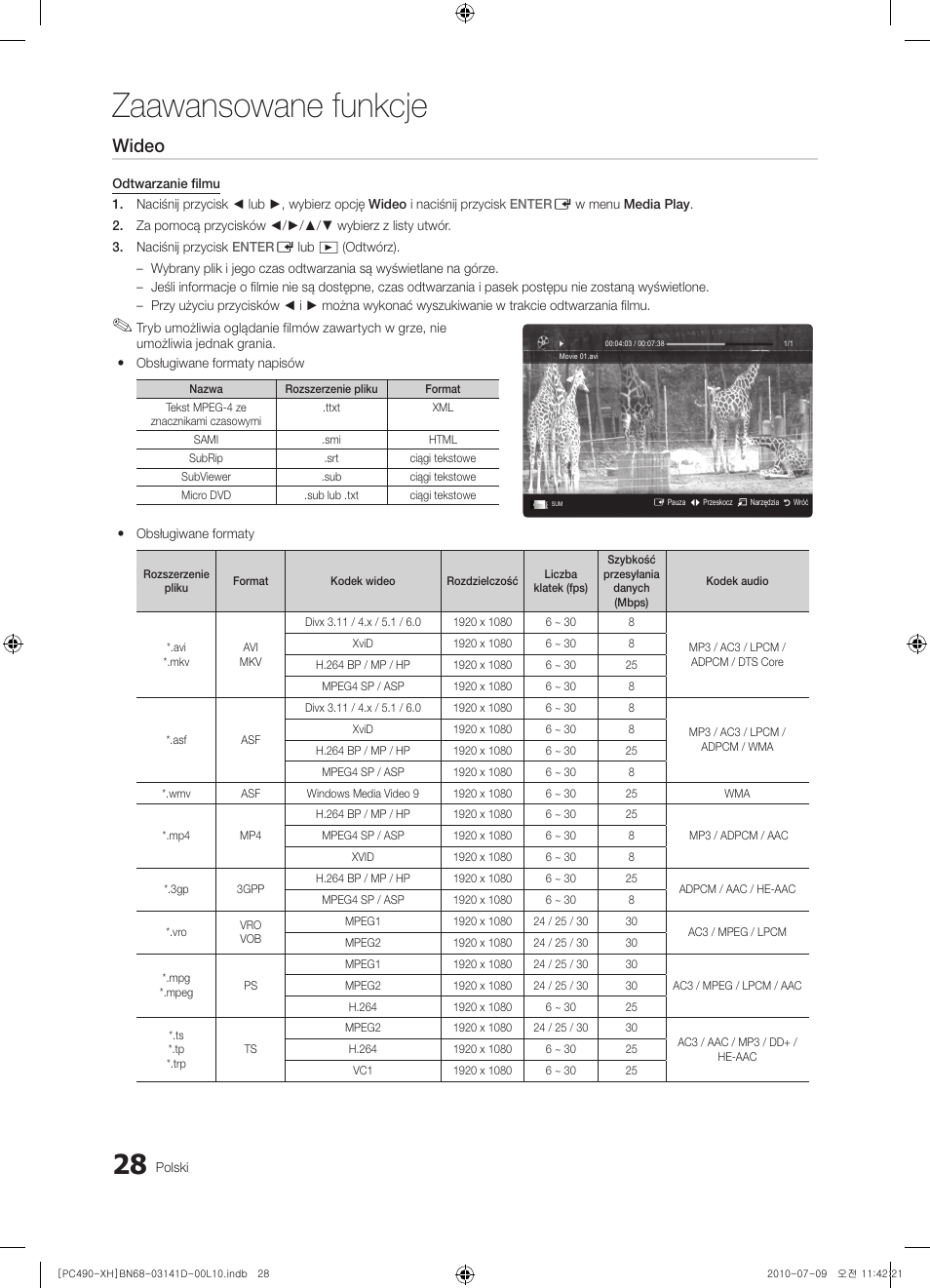 Zaawansowane funkcje, Wideo | Samsung PS50C490B3W User Manual | Page 112 / 422