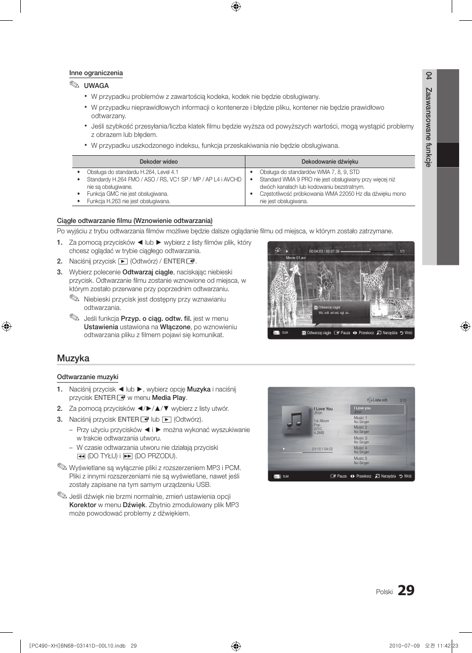 Muzyka | Samsung PS50C490B3W User Manual | Page 113 / 422