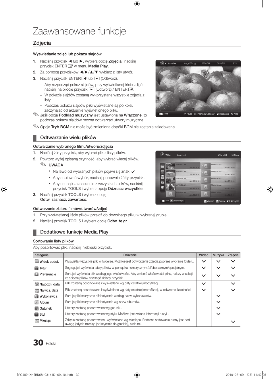 Zaawansowane funkcje, Zdjęcia, Odtwarzanie wielu plików | Dodatkowe funkcje media play | Samsung PS50C490B3W User Manual | Page 114 / 422