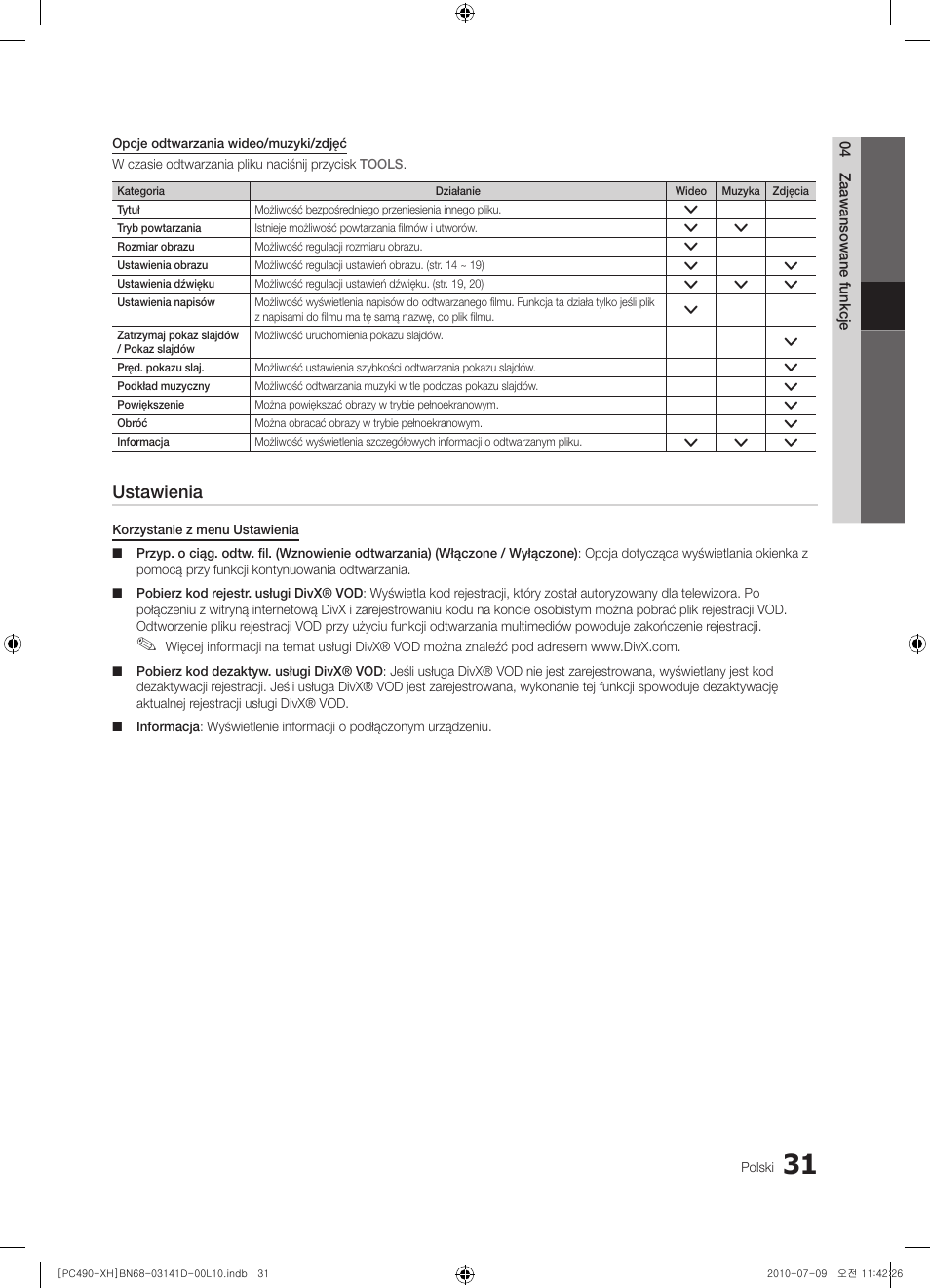 Ustawienia | Samsung PS50C490B3W User Manual | Page 115 / 422