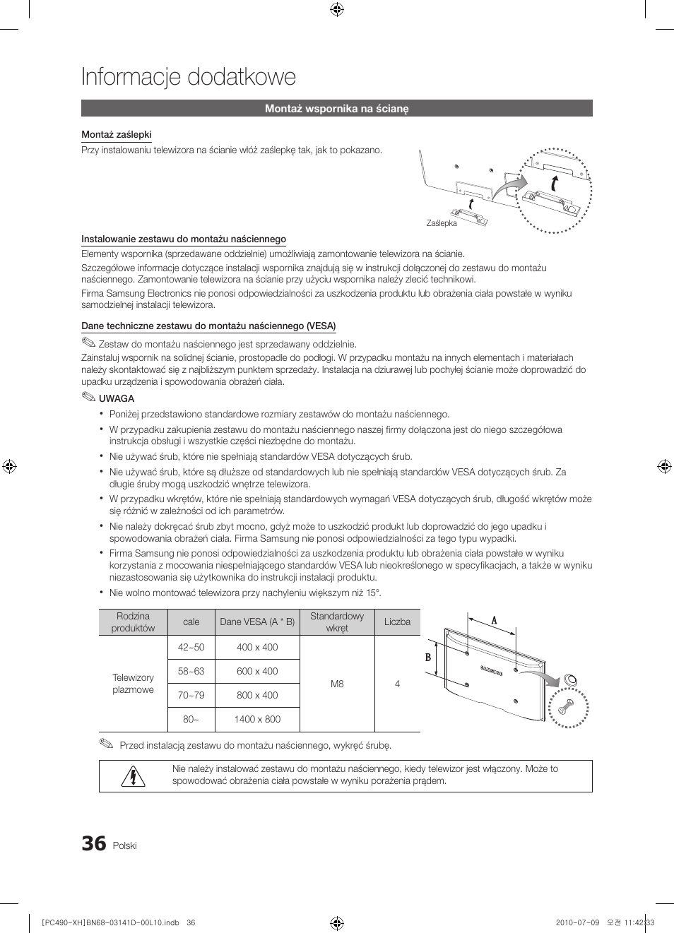 Informacje dodatkowe | Samsung PS50C490B3W User Manual | Page 120 / 422