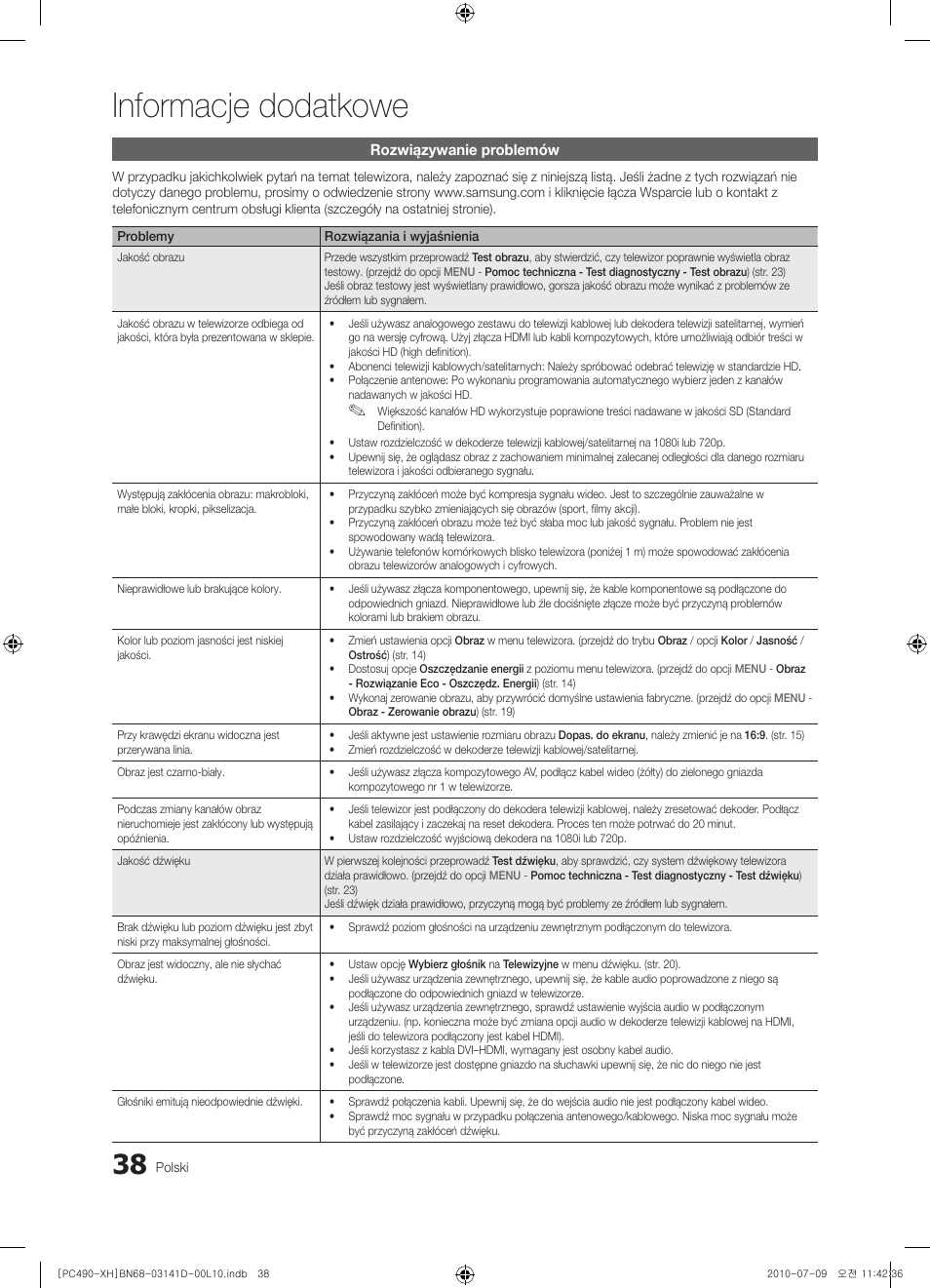 Informacje dodatkowe | Samsung PS50C490B3W User Manual | Page 122 / 422