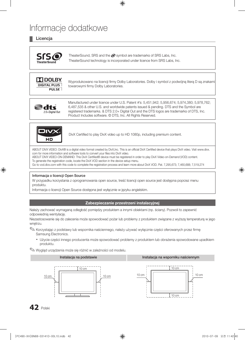 Informacje dodatkowe | Samsung PS50C490B3W User Manual | Page 126 / 422