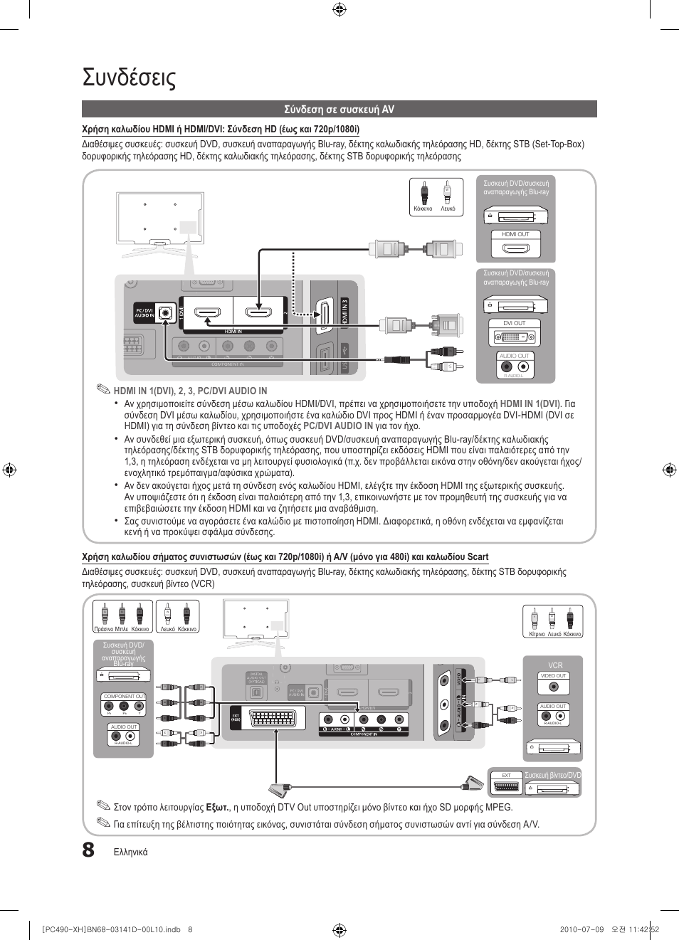 Συνδέσεις, Σύνδεση σε συσκευή av, Ελληνικά | Hdmi in 1(dvi), 2, 3, pc/dvi audio in | Samsung PS50C490B3W User Manual | Page 134 / 422