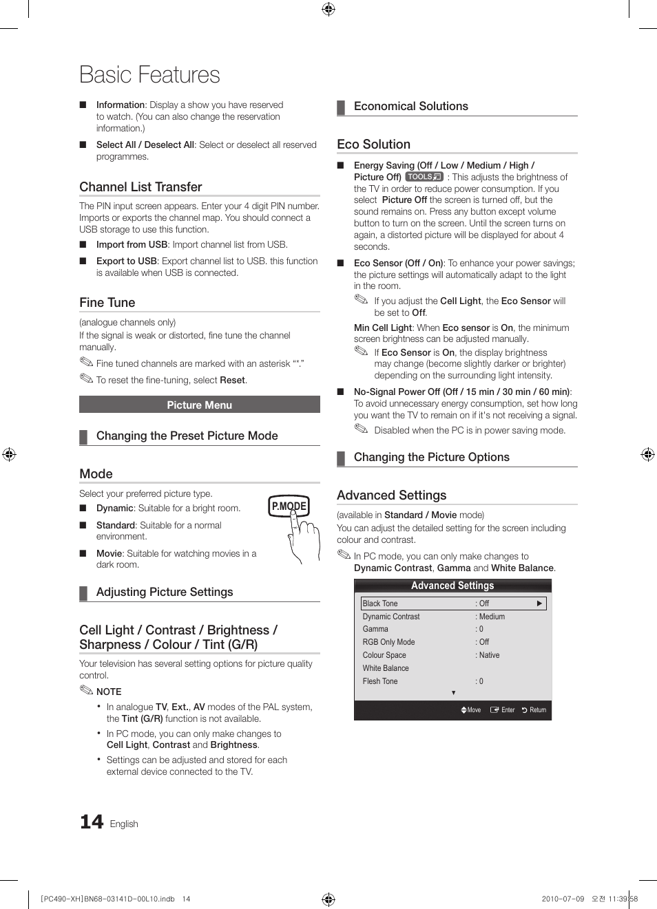 Basic features, Channel list transfer, Fine tune | Mode, Eco solution, Advanced settings | Samsung PS50C490B3W User Manual | Page 14 / 422