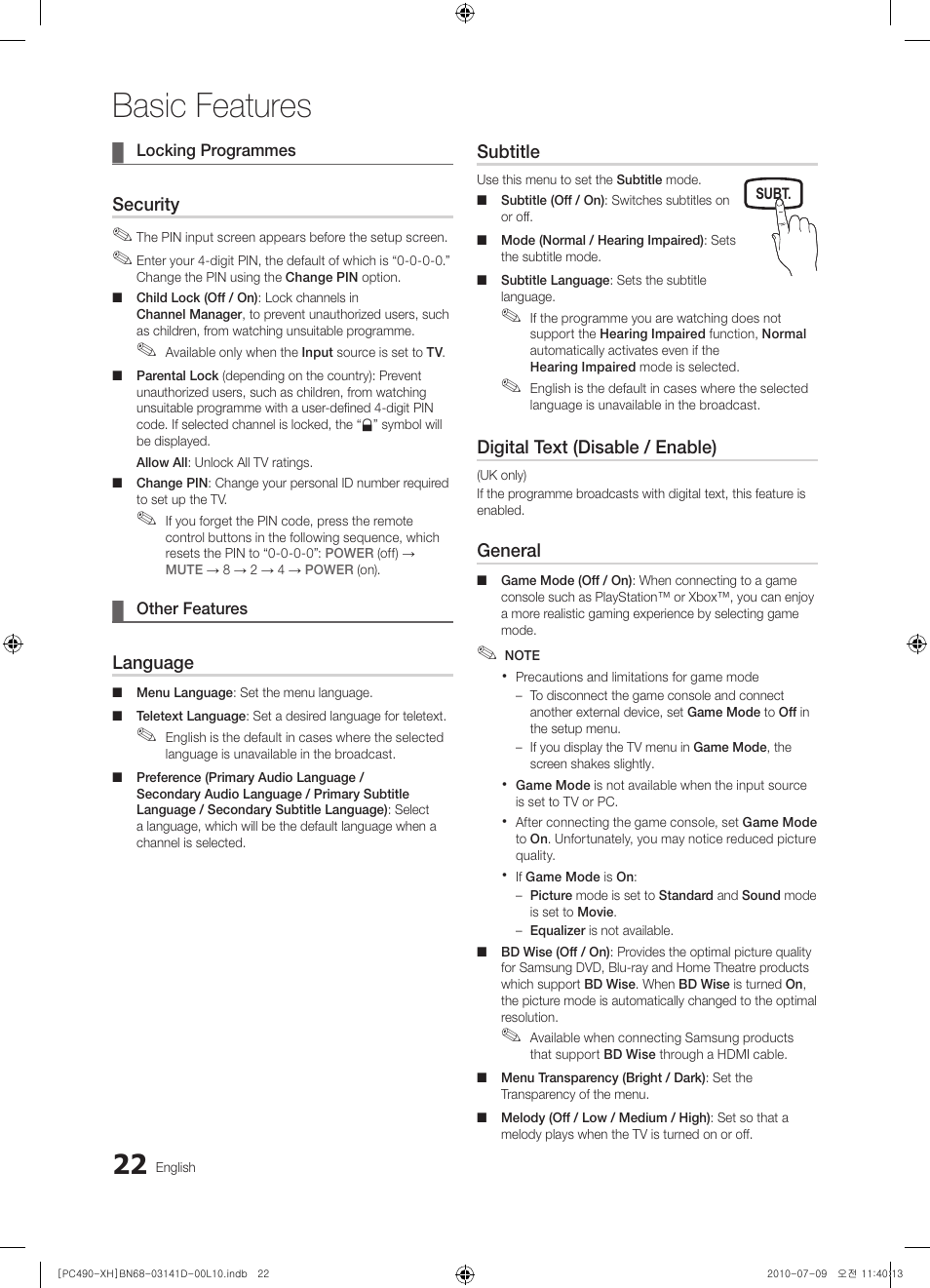 Basic features, Security, Language | Subtitle, Digital text (disable / enable), General | Samsung PS50C490B3W User Manual | Page 22 / 422