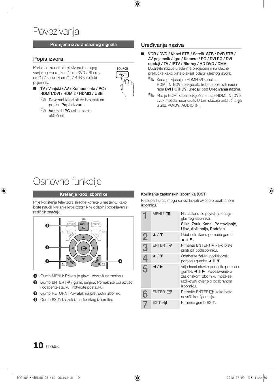 Povezivanja osnovne funkcije, Popis izvora, Uređivanja naziva | Samsung PS50C490B3W User Manual | Page 220 / 422