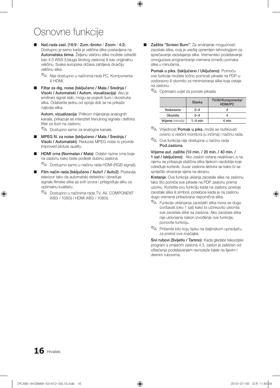 Osnovne funkcije | Samsung PS50C490B3W User Manual | Page 226 / 422