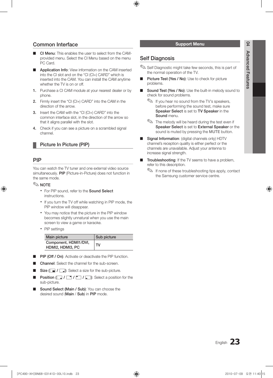 Common interface, Self diagnosis | Samsung PS50C490B3W User Manual | Page 23 / 422