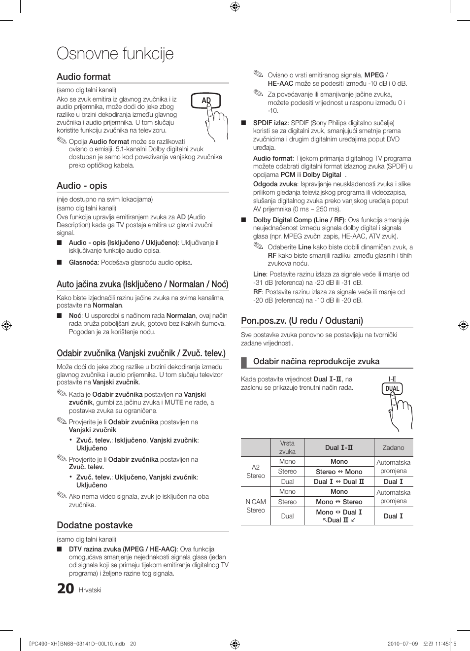 Osnovne funkcije, Audio format, Audio - opis | Auto jačina zvuka (isključeno / normalan / noć), Odabir zvučnika (vanjski zvučnik / zvuč. telev.), Dodatne postavke, Pon.pos.zv. (u redu / odustani) | Samsung PS50C490B3W User Manual | Page 230 / 422