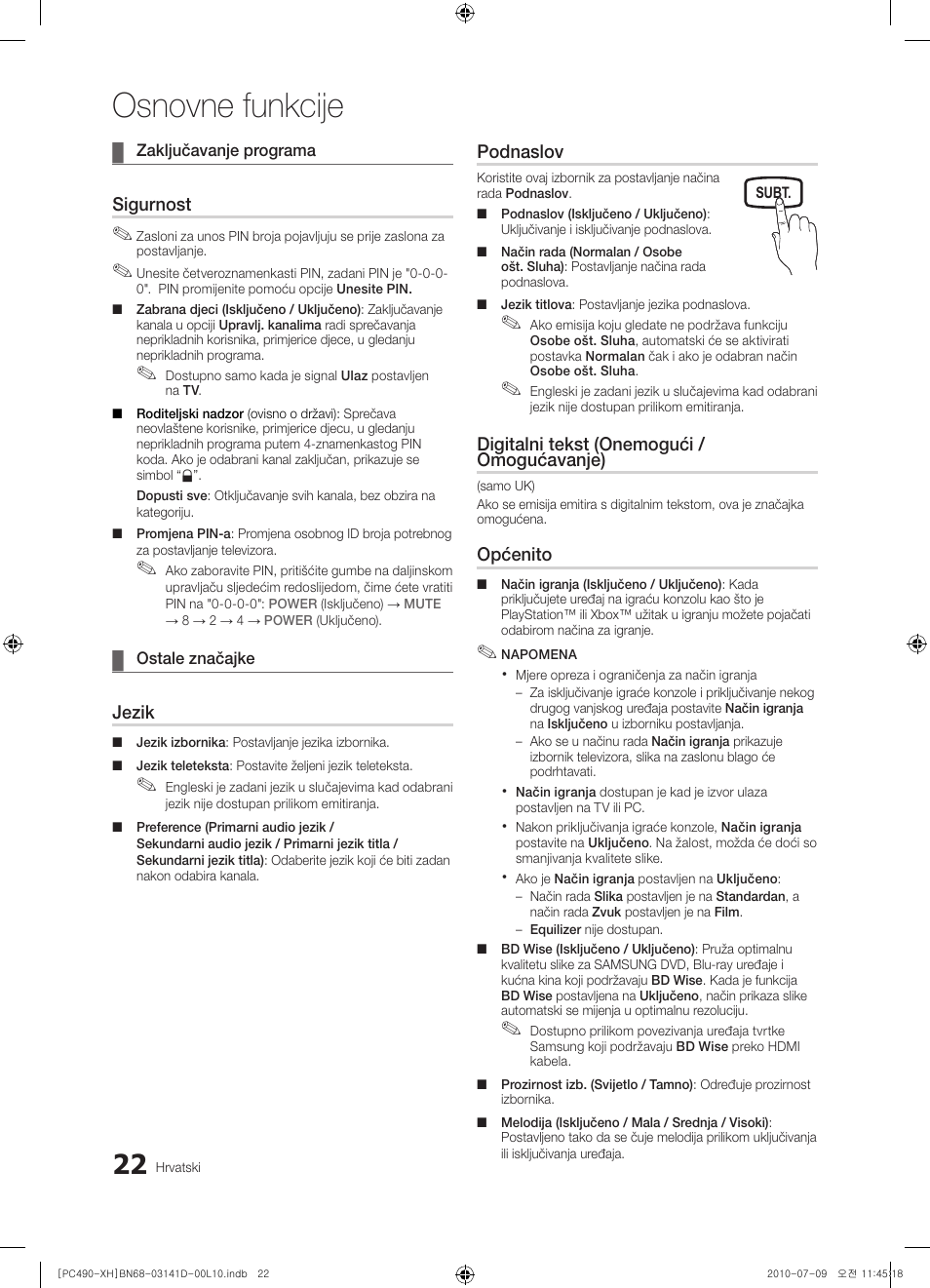 Osnovne funkcije, Sigurnost, Jezik | Podnaslov, Digitalni tekst (onemogući / omogućavanje), Općenito | Samsung PS50C490B3W User Manual | Page 232 / 422