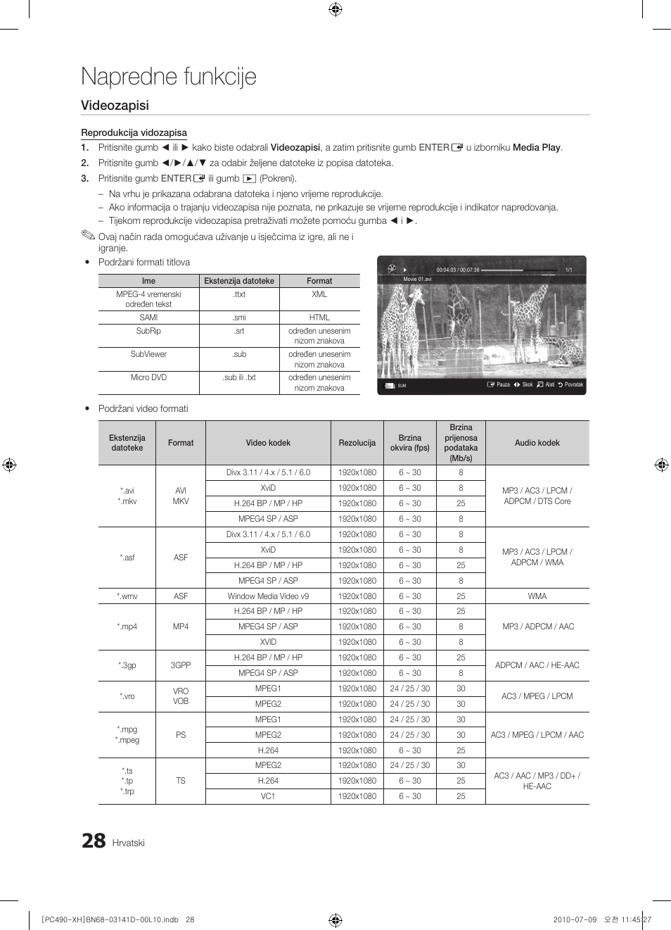Napredne funkcije, Videozapisi | Samsung PS50C490B3W User Manual | Page 238 / 422