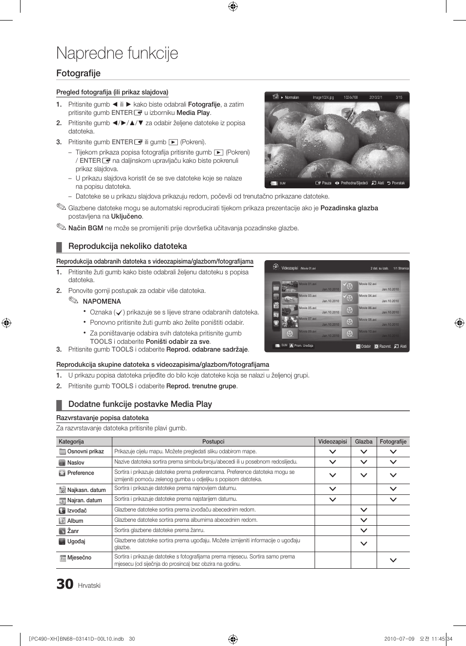 Napredne funkcije, Fotografije, Reprodukcija nekoliko datoteka | Dodatne funkcije postavke media play | Samsung PS50C490B3W User Manual | Page 240 / 422