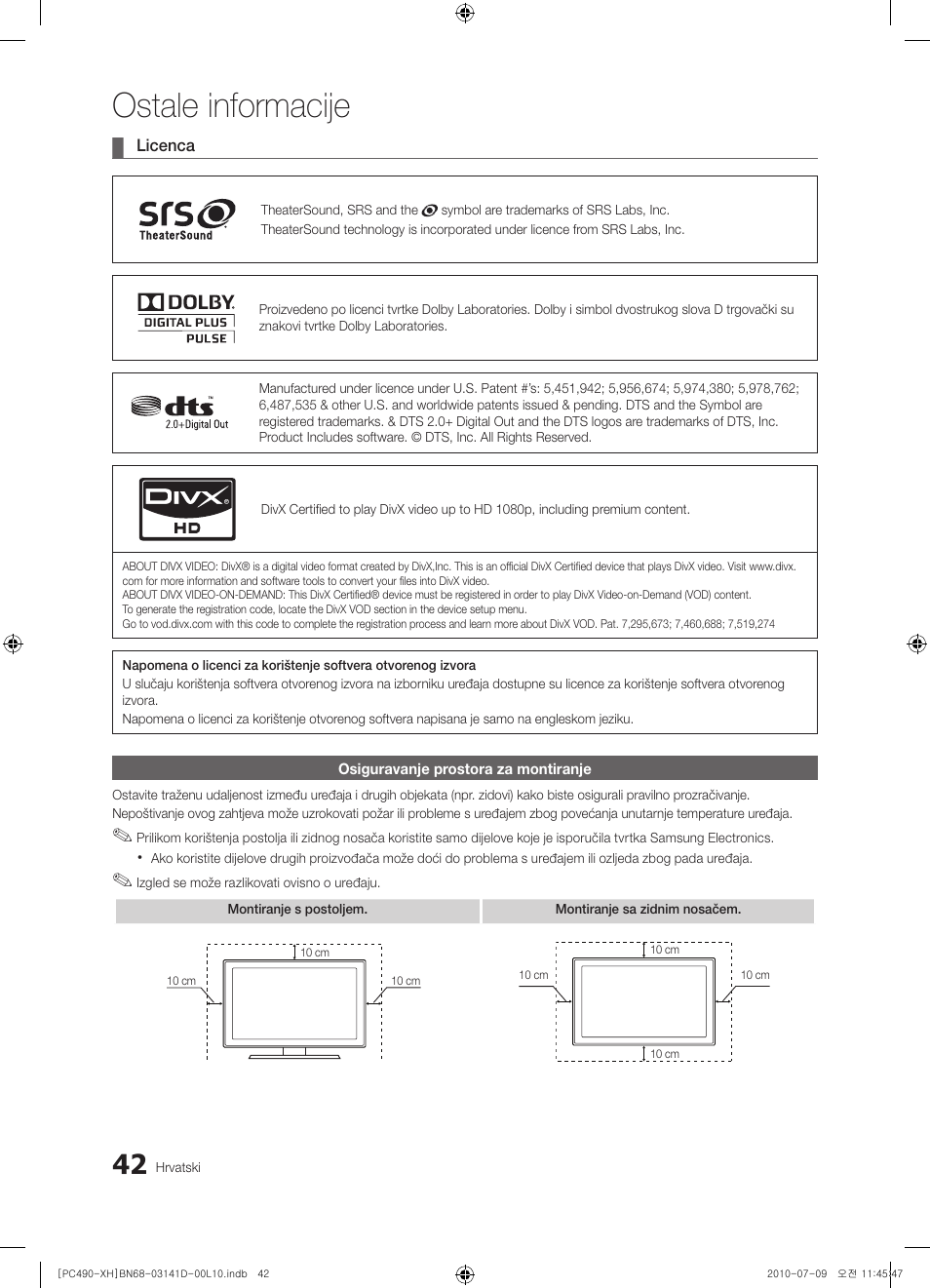 Ostale informacije | Samsung PS50C490B3W User Manual | Page 252 / 422