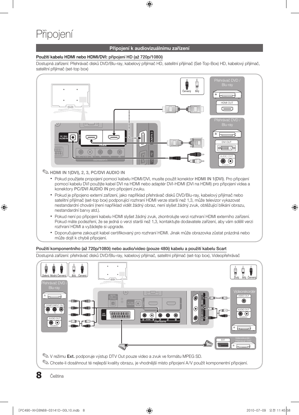 Připojení, Připojení k audiovizuálnímu zařízení | Samsung PS50C490B3W User Manual | Page 260 / 422