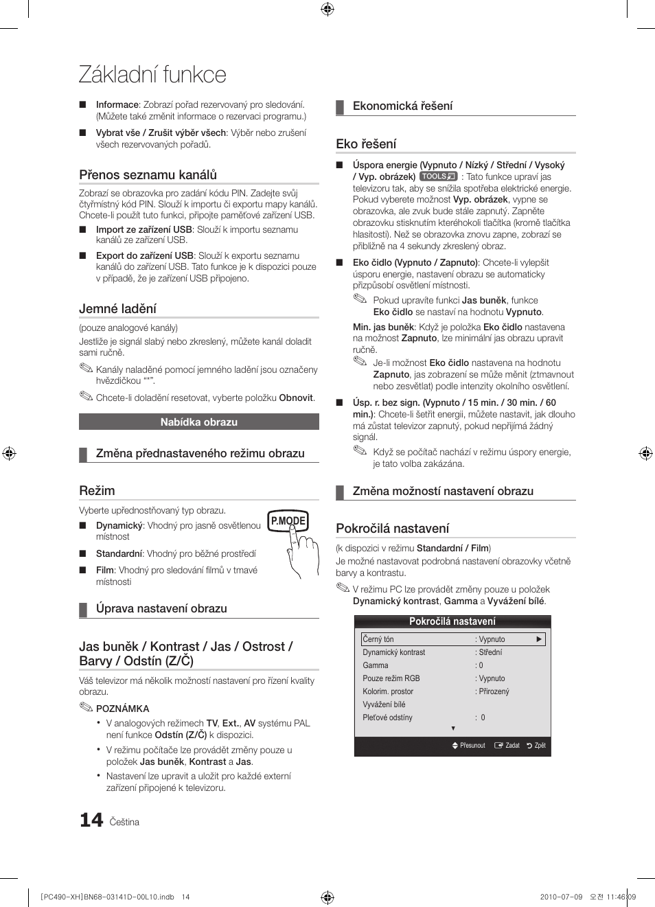 Základní funkce, Přenos seznamu kanálů, Jemné ladění | Režim, Eko řešení, Pokročilá nastavení | Samsung PS50C490B3W User Manual | Page 266 / 422