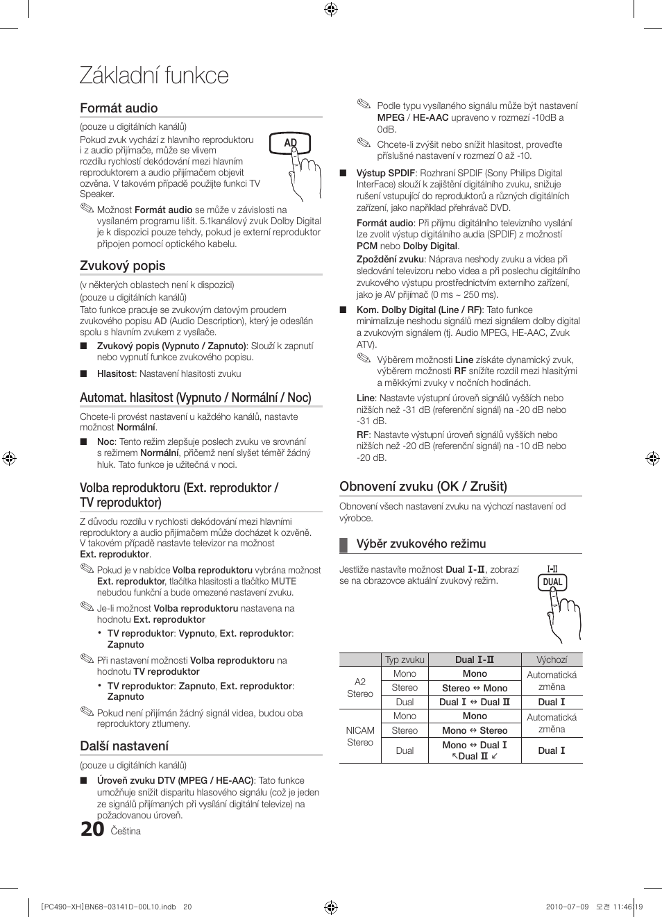 Základní funkce, Formát audio, Zvukový popis | Automat. hlasitost (vypnuto / normální / noc), Další nastavení, Obnovení zvuku (ok / zrušit) | Samsung PS50C490B3W User Manual | Page 272 / 422