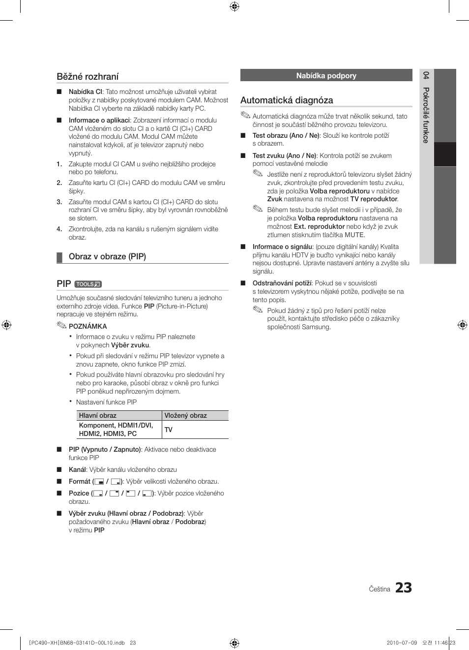 Běžné rozhraní, Automatická diagnóza | Samsung PS50C490B3W User Manual | Page 275 / 422