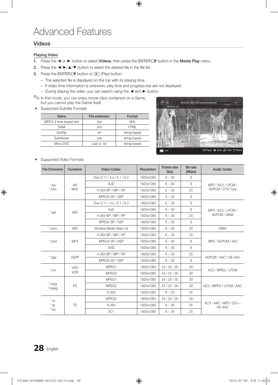 Advanced features, Videos | Samsung PS50C490B3W User Manual | Page 28 / 422