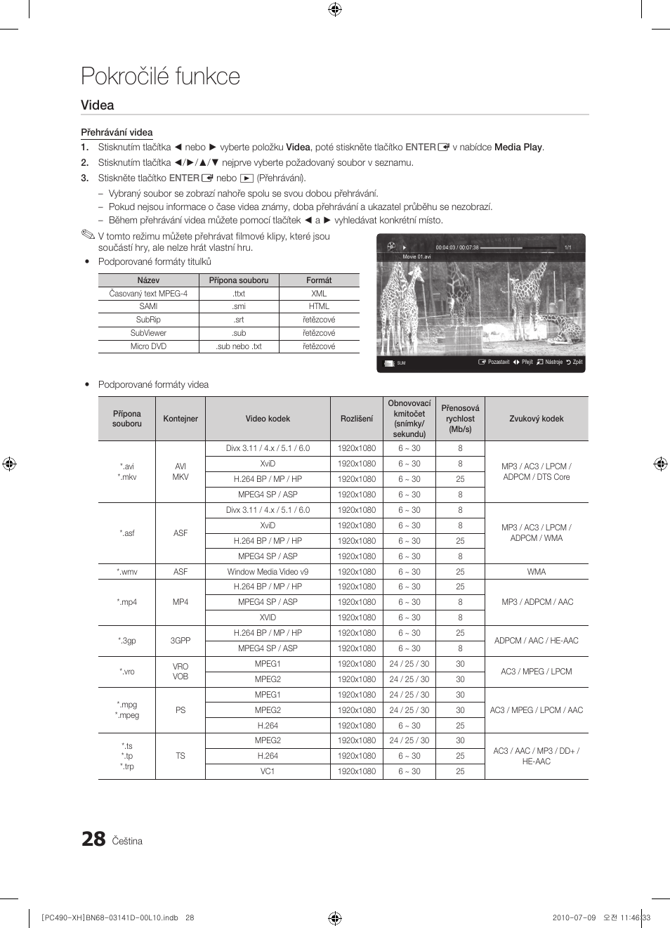 Pokročilé funkce, Videa | Samsung PS50C490B3W User Manual | Page 280 / 422