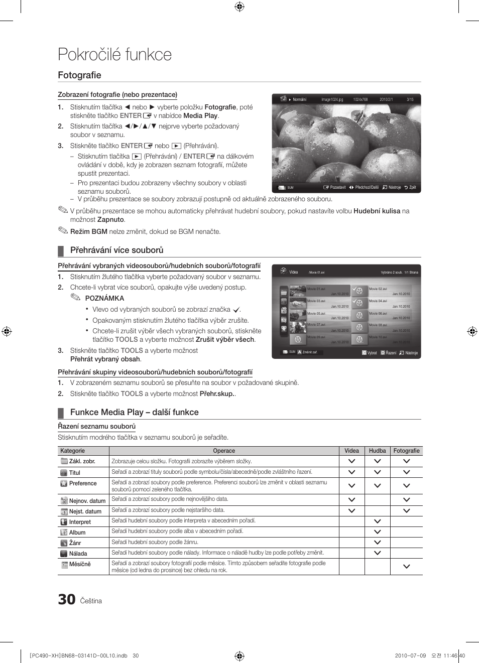 Pokročilé funkce, Fotografie, Přehrávání více souborů | Funkce media play – další funkce | Samsung PS50C490B3W User Manual | Page 282 / 422
