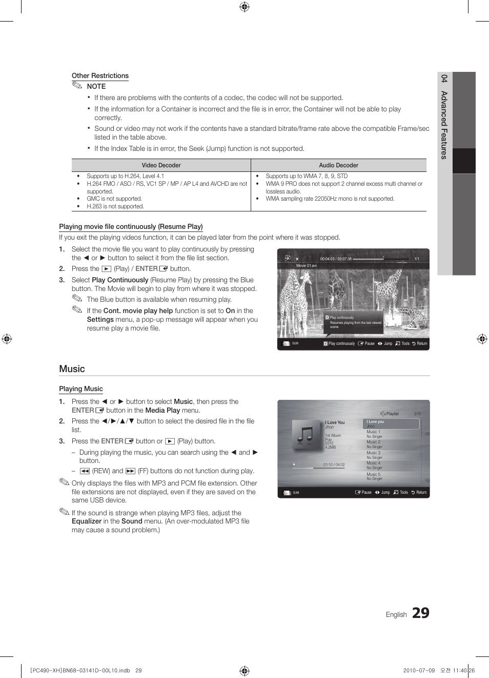 Music | Samsung PS50C490B3W User Manual | Page 29 / 422
