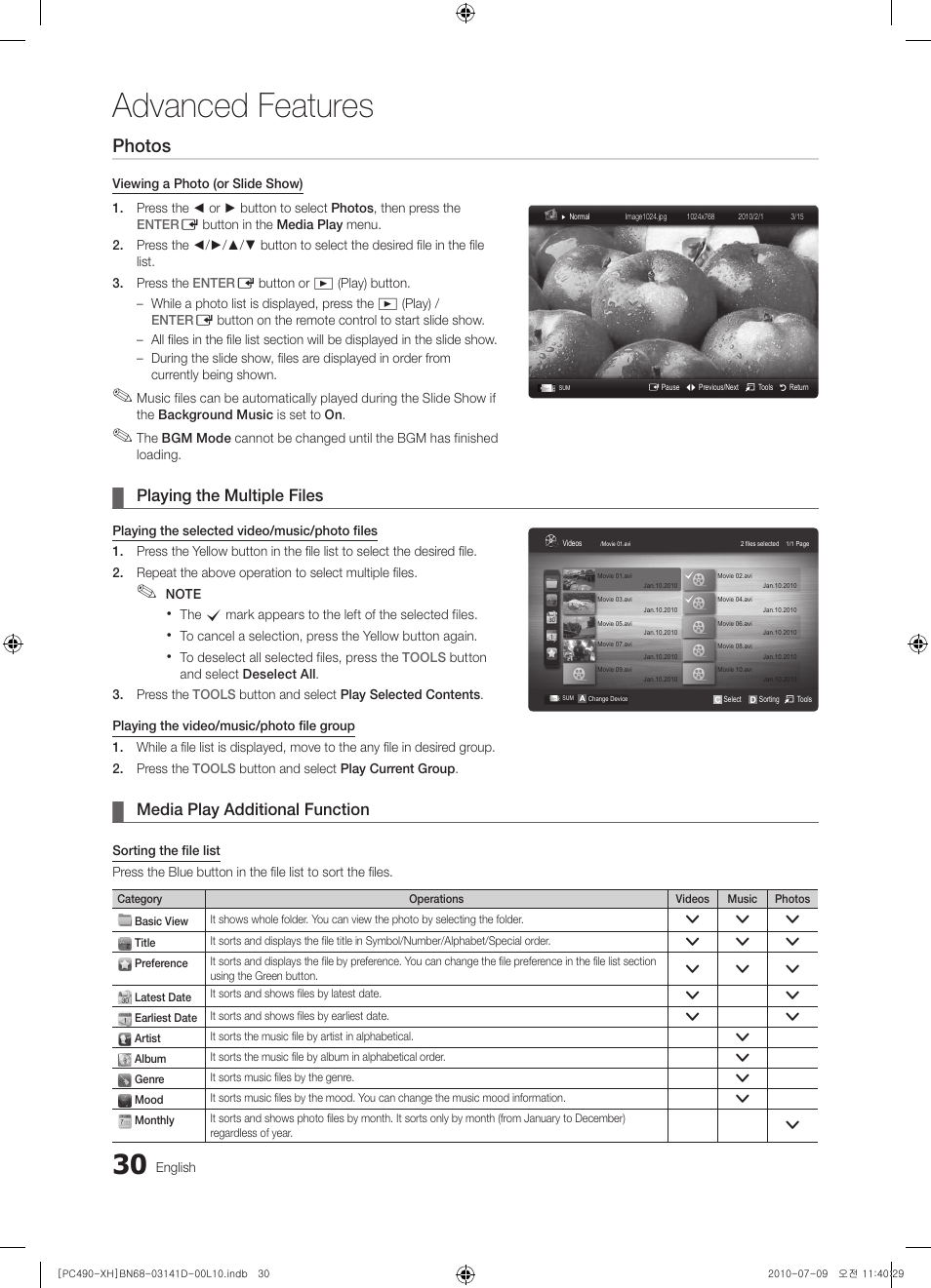 Advanced features, Photos, Playing the multiple files | Media play additional function | Samsung PS50C490B3W User Manual | Page 30 / 422