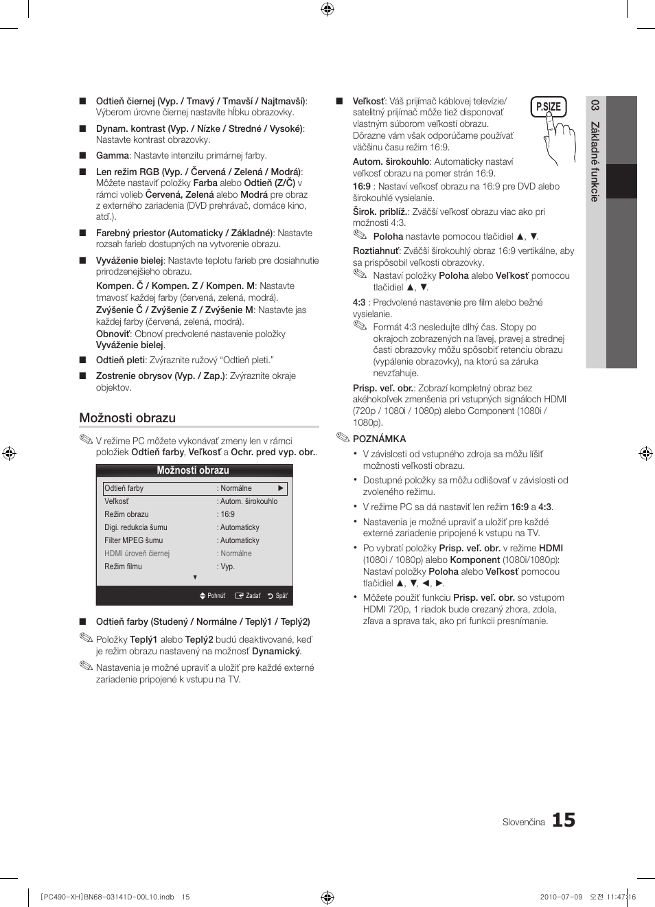 Možnosti obrazu | Samsung PS50C490B3W User Manual | Page 309 / 422