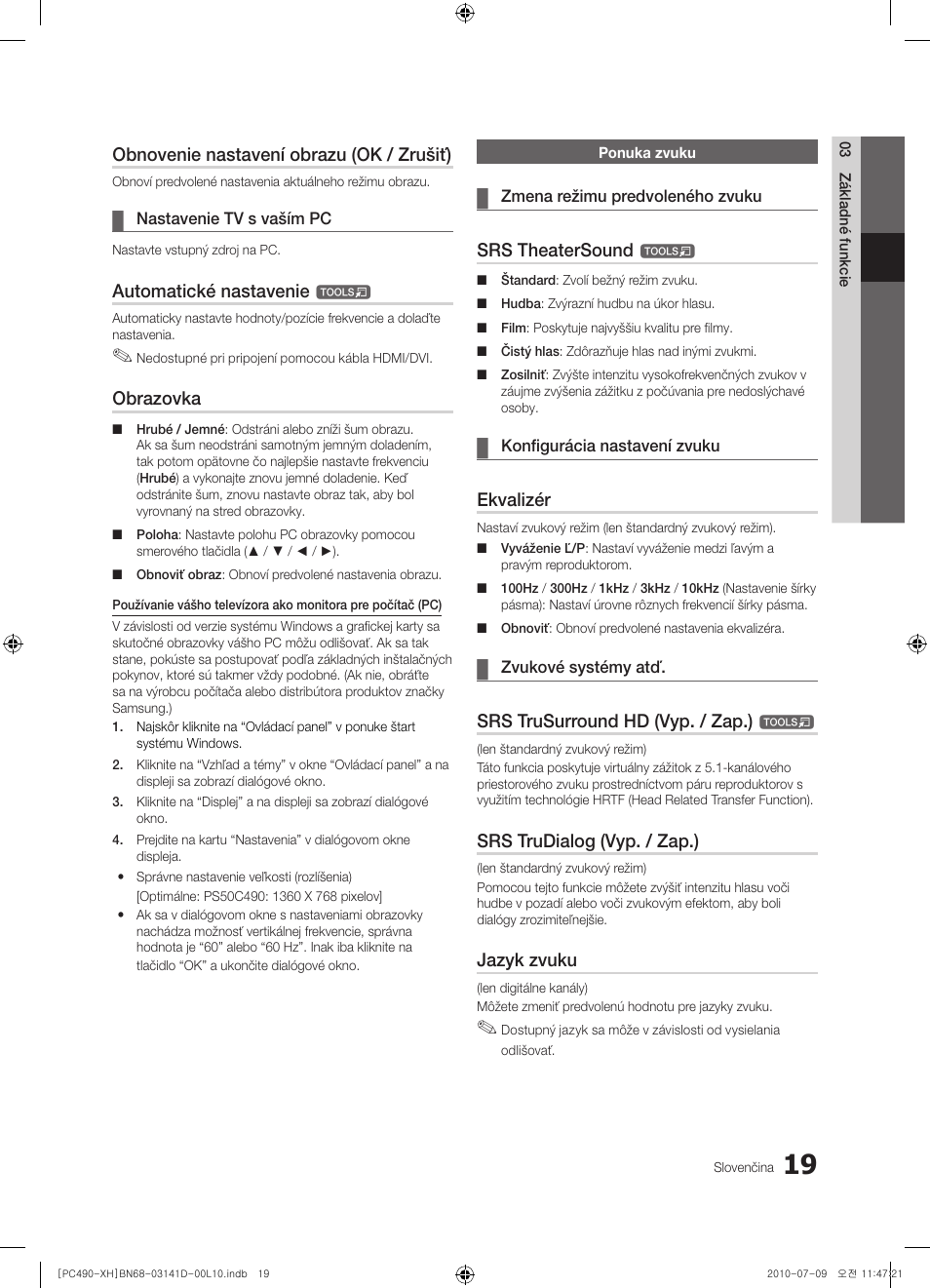 Obnovenie nastavení obrazu (ok / zrušiť), Automatické nastavenie, Obrazovka | Srs theatersound, Ekvalizér, Srs trusurround hd (vyp. / zap.), Srs trudialog (vyp. / zap.), Jazyk zvuku | Samsung PS50C490B3W User Manual | Page 313 / 422