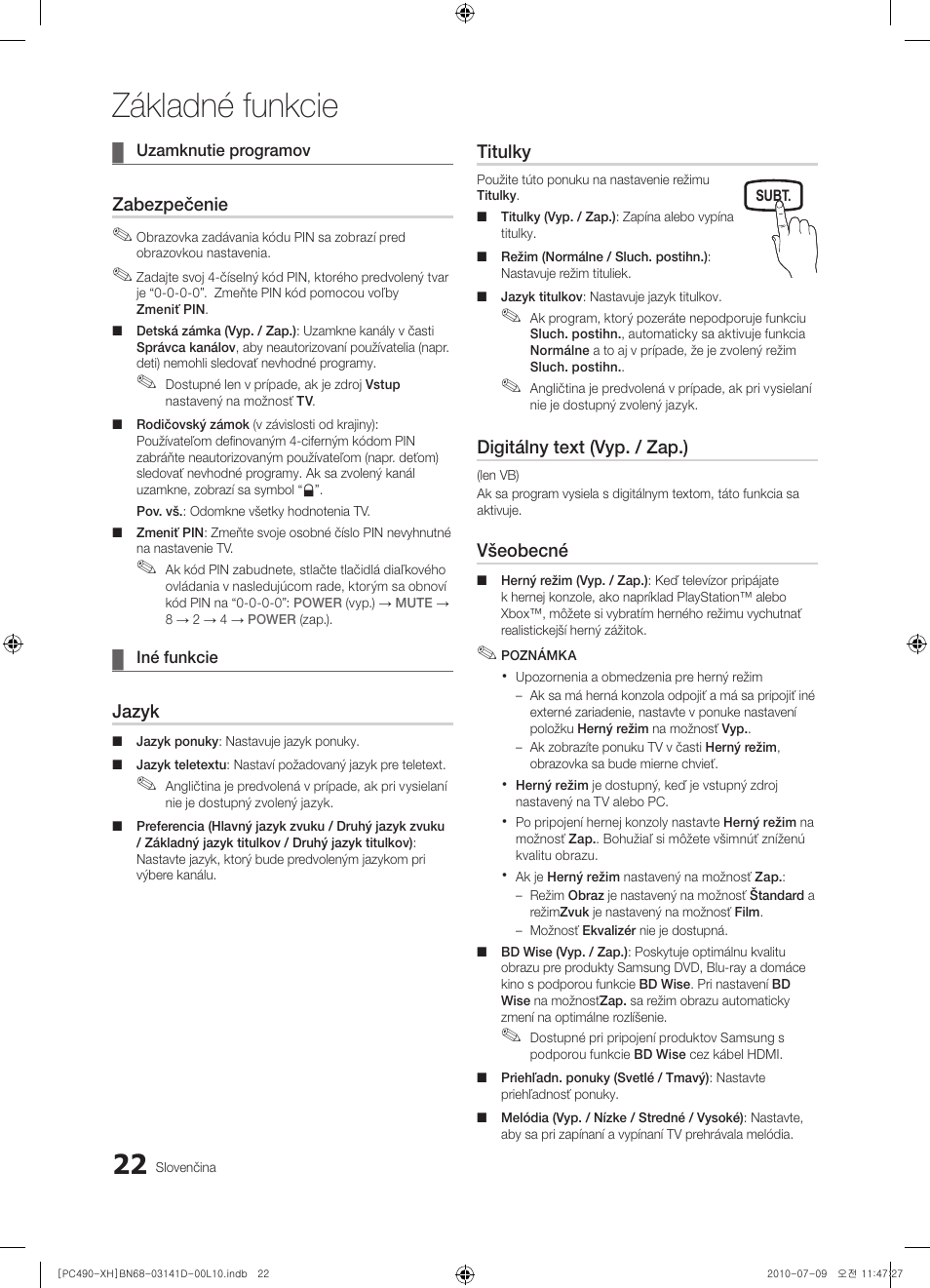 Základné funkcie, Zabezpečenie, Jazyk | Titulky, Digitálny text (vyp. / zap.), Všeobecné | Samsung PS50C490B3W User Manual | Page 316 / 422
