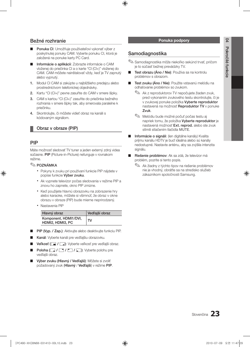 Bežné rozhranie, Samodiagnostika | Samsung PS50C490B3W User Manual | Page 317 / 422