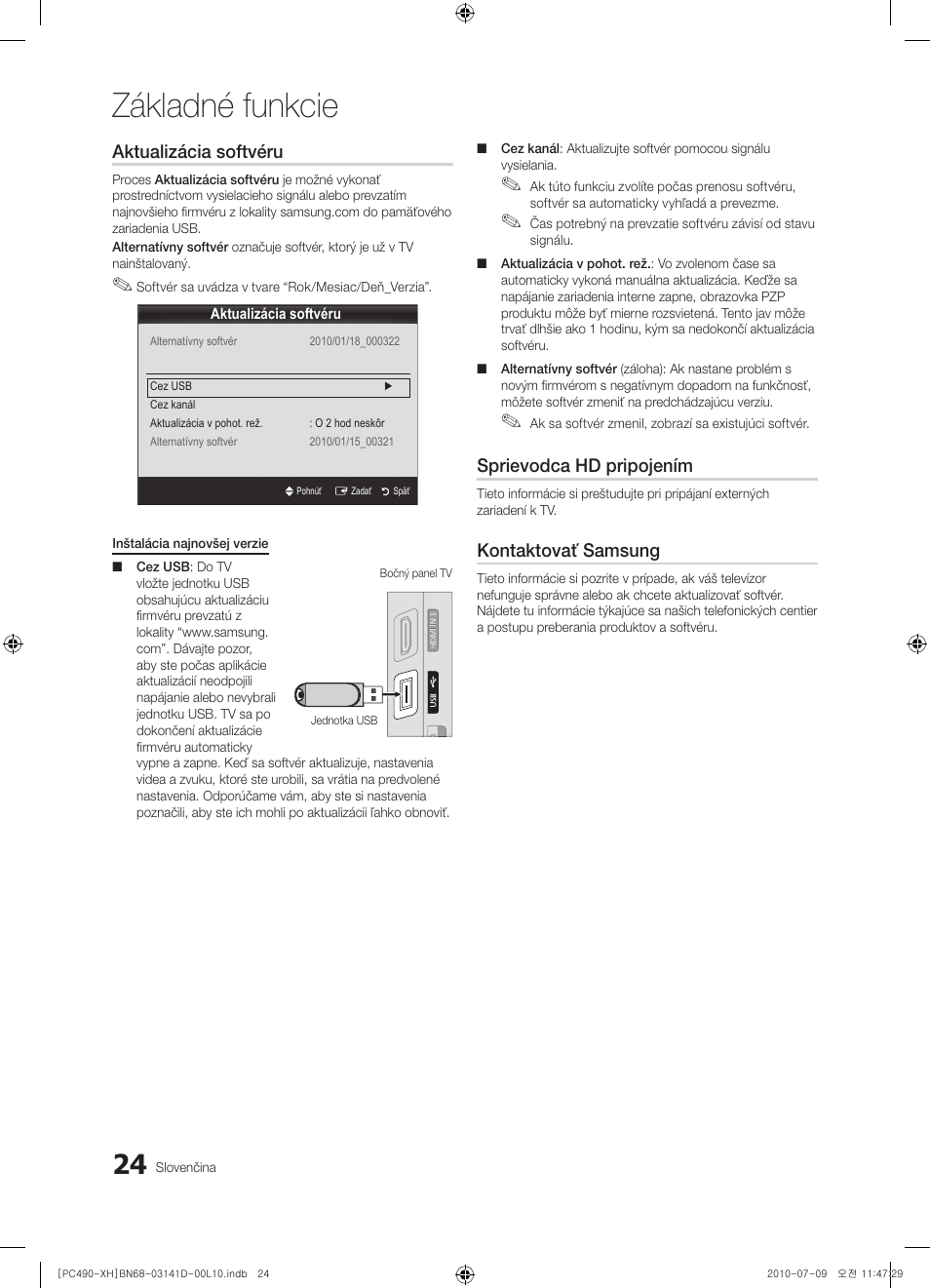 Základné funkcie, Aktualizácia softvéru, Sprievodca hd pripojením | Kontaktovať samsung | Samsung PS50C490B3W User Manual | Page 318 / 422