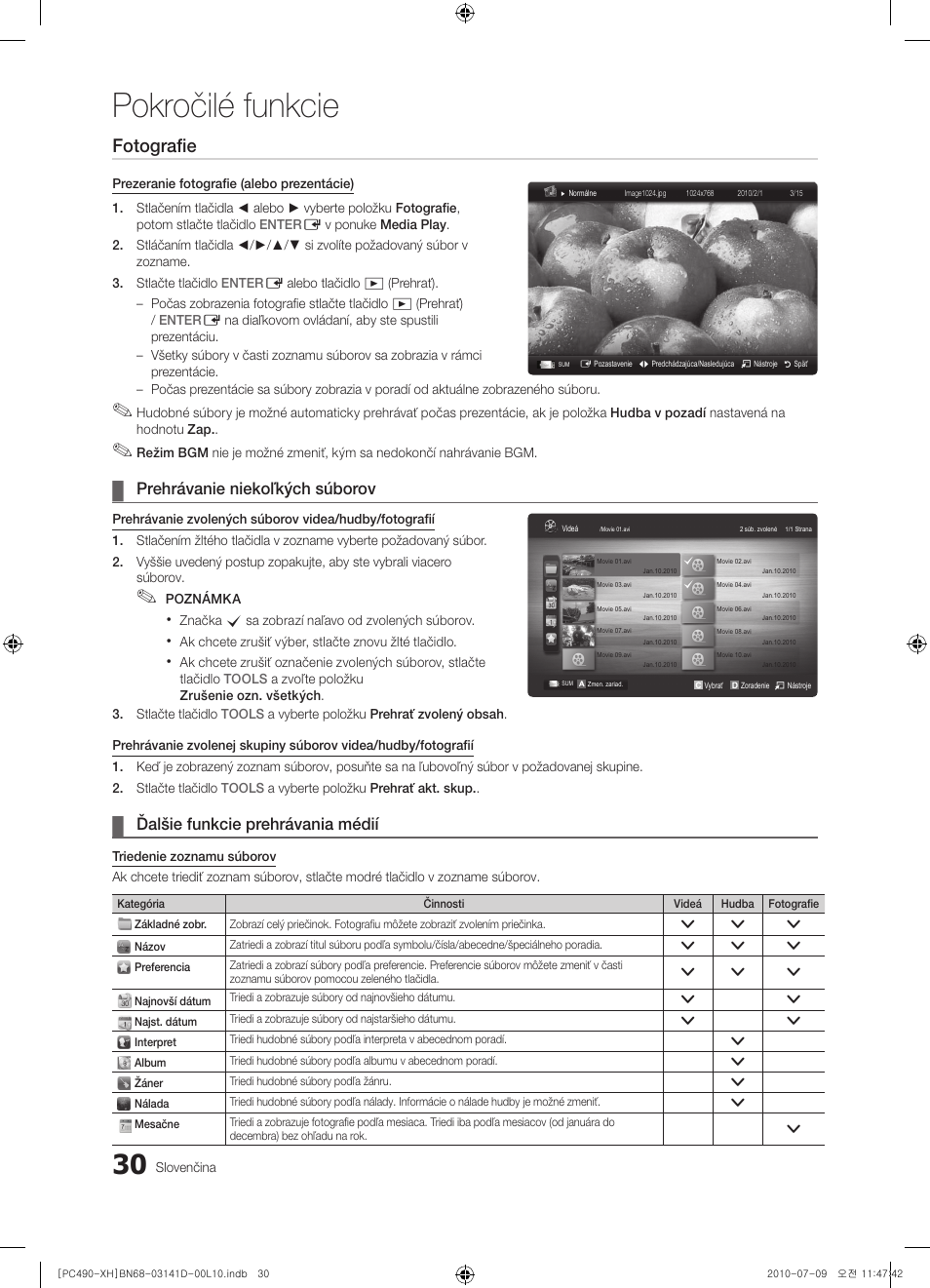 Pokročilé funkcie, Fotografie, Prehrávanie niekoľkých súborov | Ďalšie funkcie prehrávania médií | Samsung PS50C490B3W User Manual | Page 324 / 422