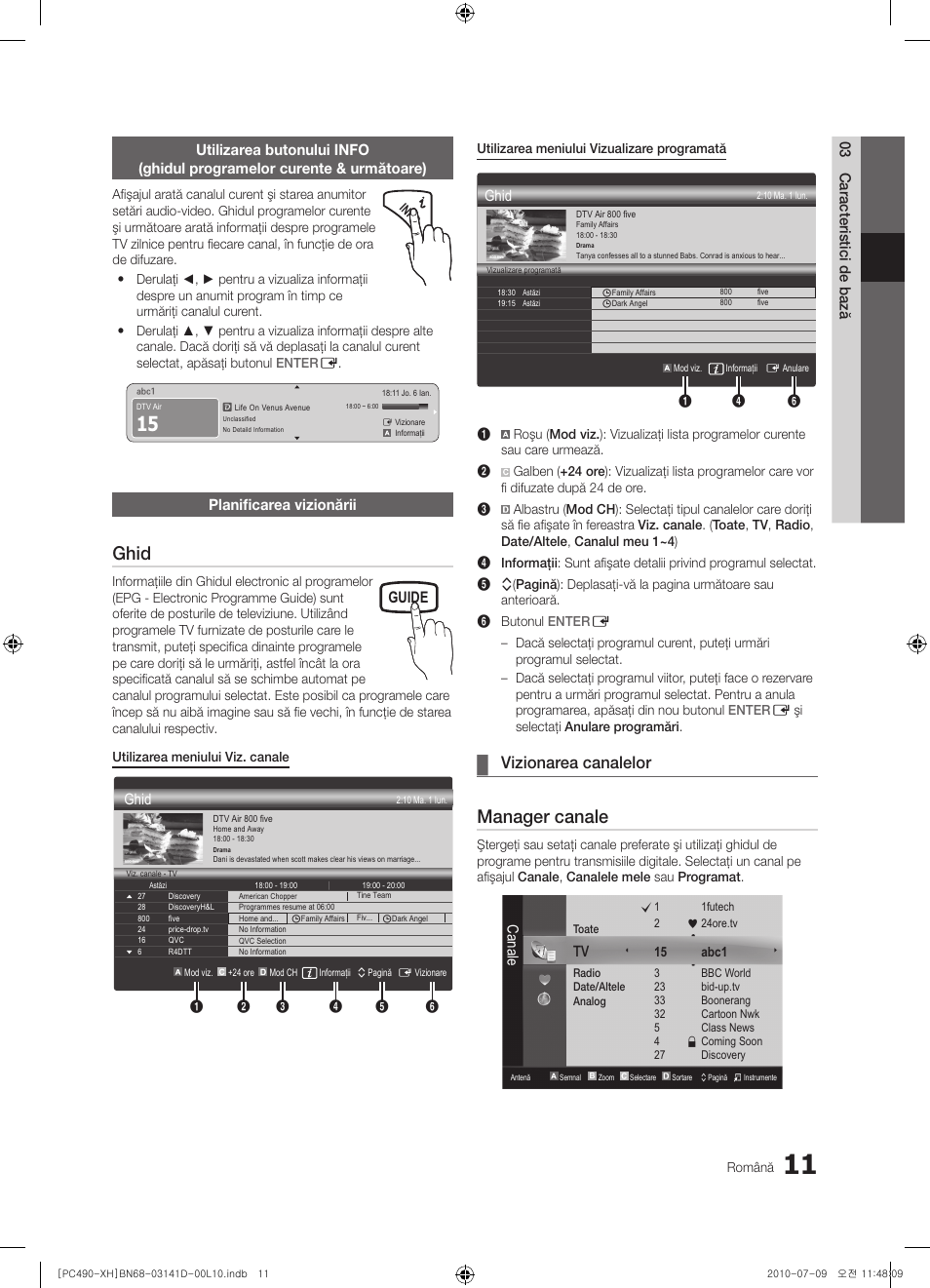 Ghid, Manager canale, Vizionarea canalelor | Guide, Planificarea vizionării, Canale | Samsung PS50C490B3W User Manual | Page 347 / 422