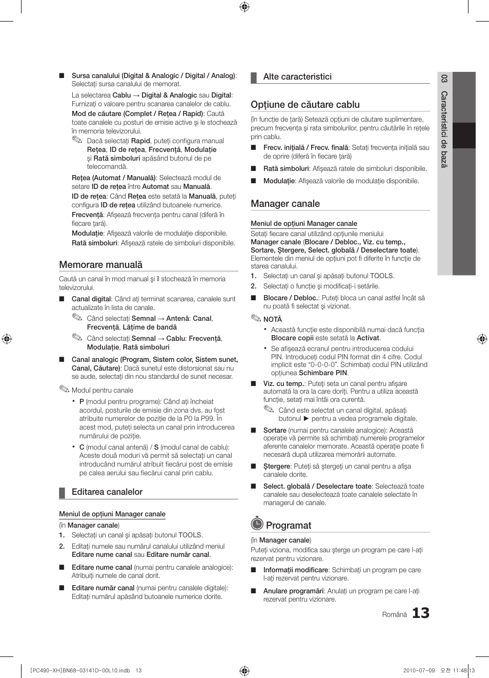 Opţiune de căutare cablu, Manager canale, Programat | Samsung PS50C490B3W User Manual | Page 349 / 422