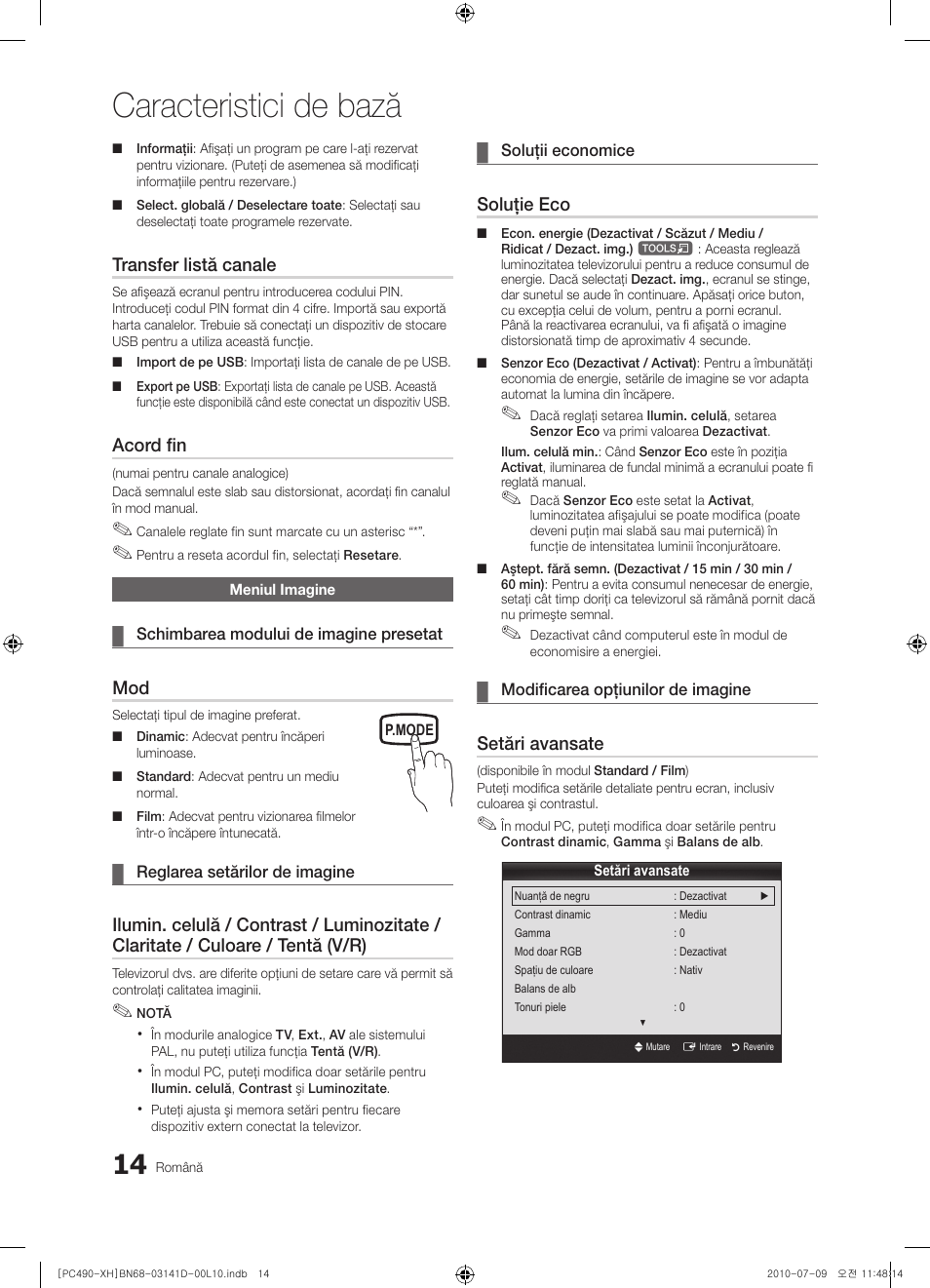 Caracteristici de bază, Transfer listă canale, Acord fin | Soluţie eco, Setări avansate | Samsung PS50C490B3W User Manual | Page 350 / 422