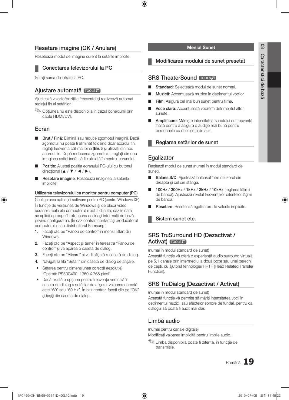 Resetare imagine (ok / anulare), Ajustare automată, Ecran | Srs theatersound, Egalizator, Srs trusurround hd (dezactivat / activat), Srs trudialog (dezactivat / activat), Limbă audio | Samsung PS50C490B3W User Manual | Page 355 / 422